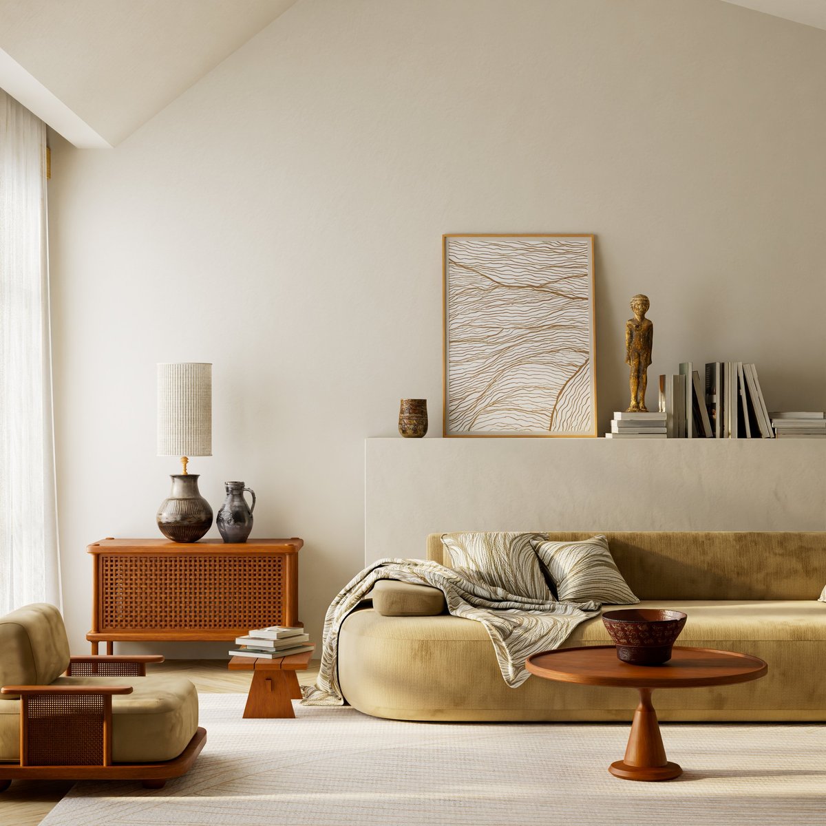 Warm Japandi interior with wooden furniture and soft natural light