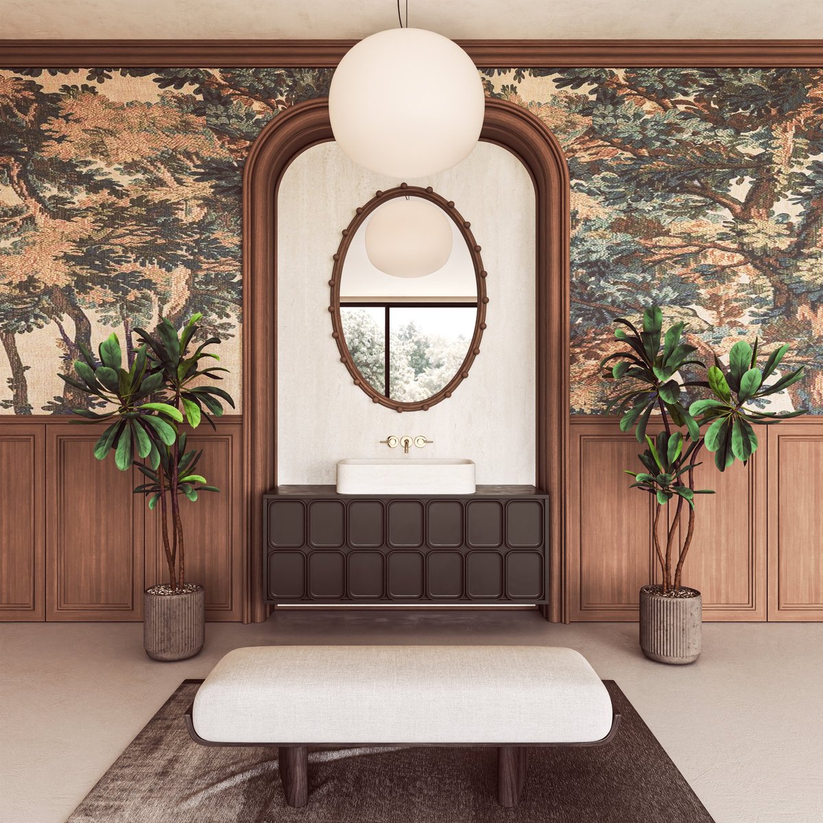 Moody interior with travertine basin and forest wallpaper